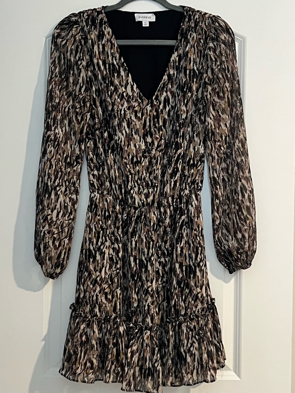 Evereve Long Sleeve Chiffon Mini Dress Blouson Smocked Waist Black Brown XS